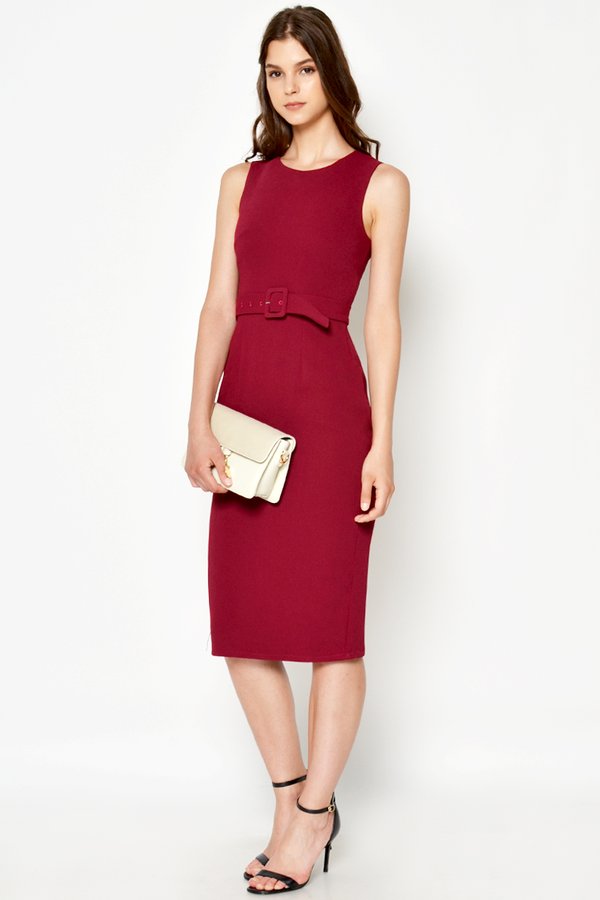 XYLIA MIDI SHEATH DRESS W BELT WINE XYLIA MIDI SHEATH DRESS W BELT WINE