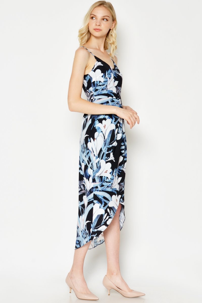 DANETTE FLORAL FOLDOVER DRESS BLACK