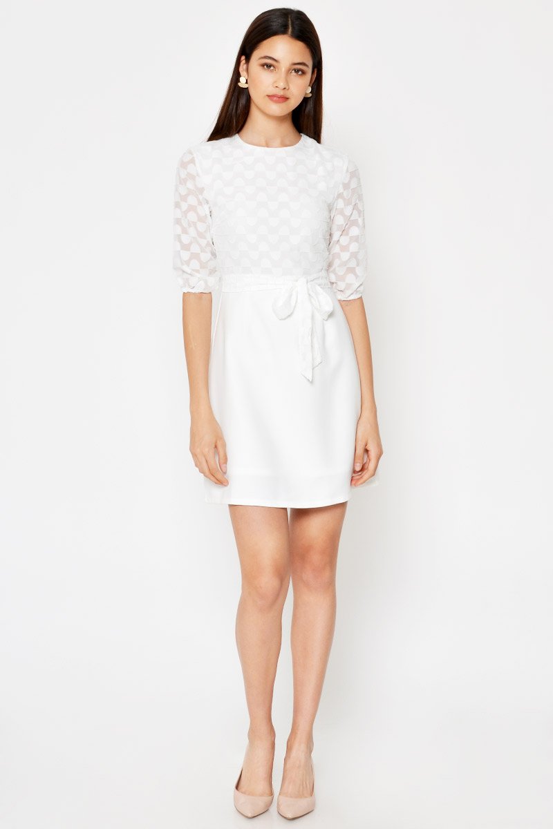 VINO TEXTURED MESH FLARE DRESS W SASH