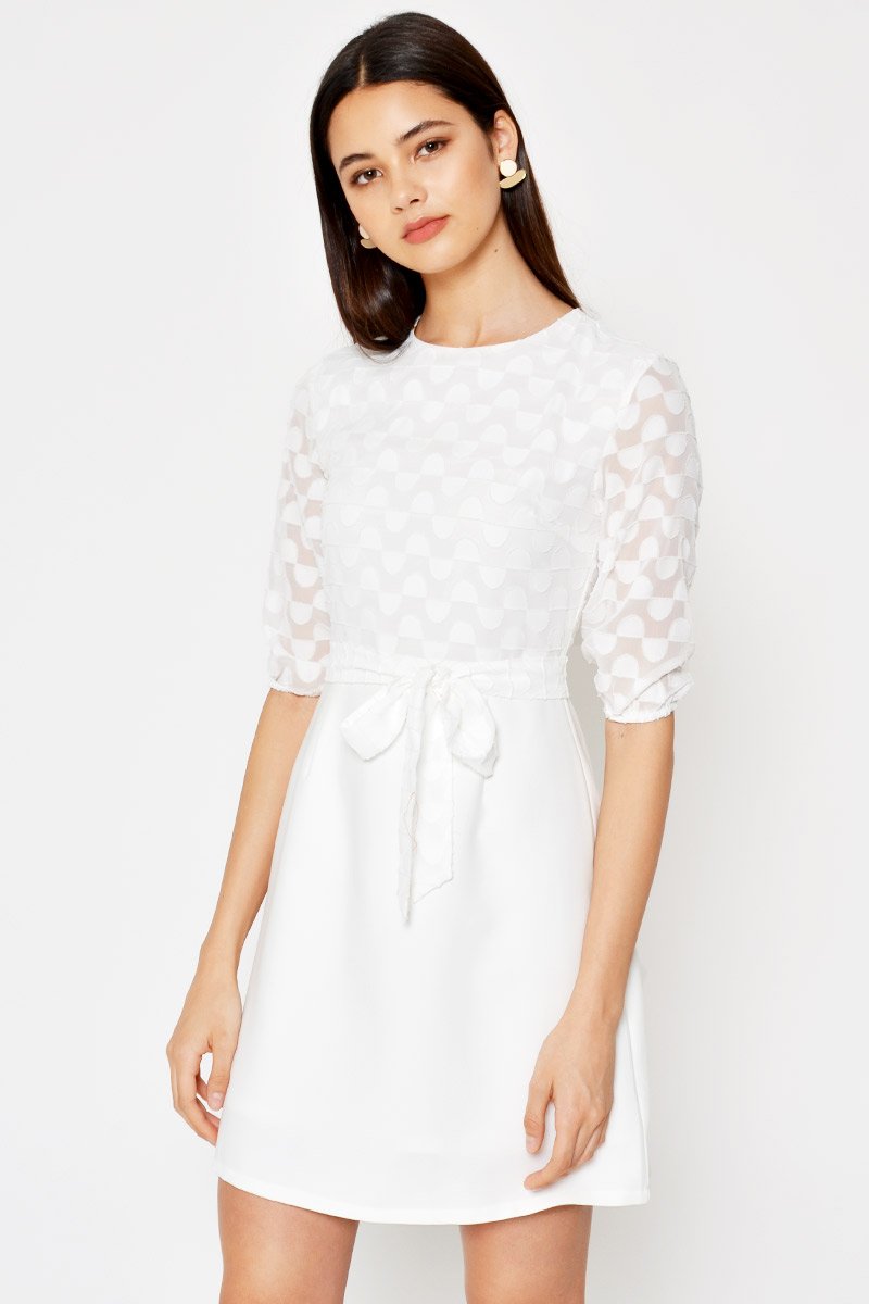 VINO TEXTURED MESH FLARE DRESS W SASH