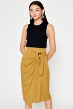 DREZEL TENCEL BUCKLE DRAPE MIDI SKIRT