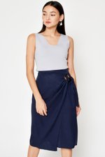 DREZEL TENCEL BUCKLE DRAPE MIDI SKIRT