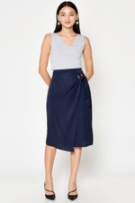DREZEL TENCEL BUCKLE DRAPE MIDI SKIRT