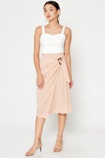 DREZEL TENCEL BUCKLE DRAPE MIDI SKIRT