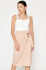 DREZEL TENCEL BUCKLE DRAPE MIDI SKIRT