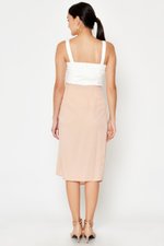 DREZEL TENCEL BUCKLE DRAPE MIDI SKIRT