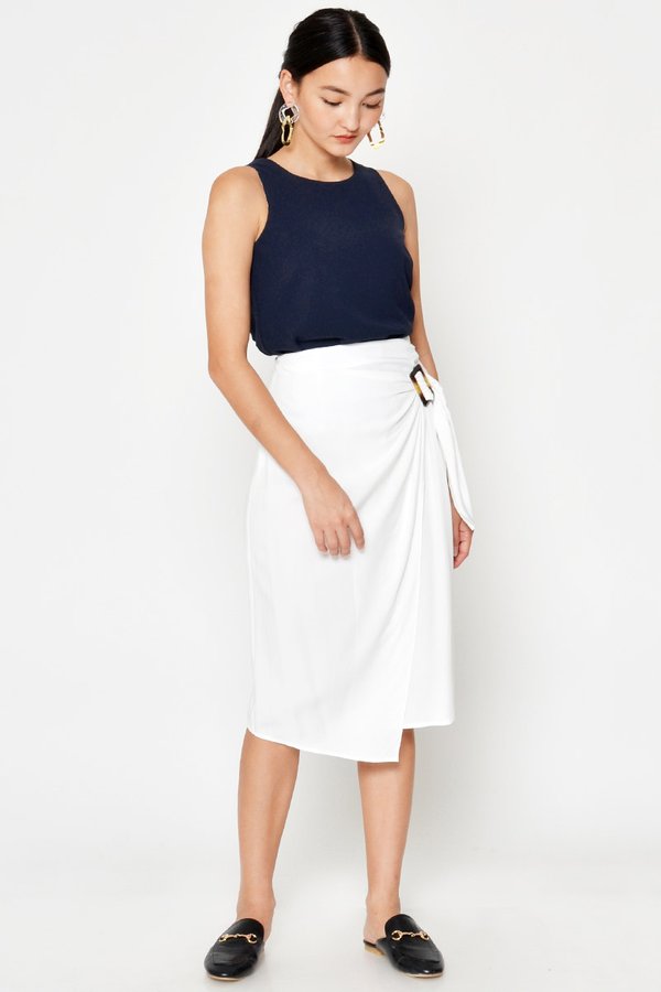 DREZEL TENCEL BUCKLE DRAPE MIDI SKIRT