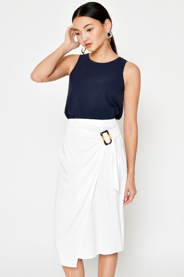 DREZEL TENCEL BUCKLE DRAPE MIDI SKIRT