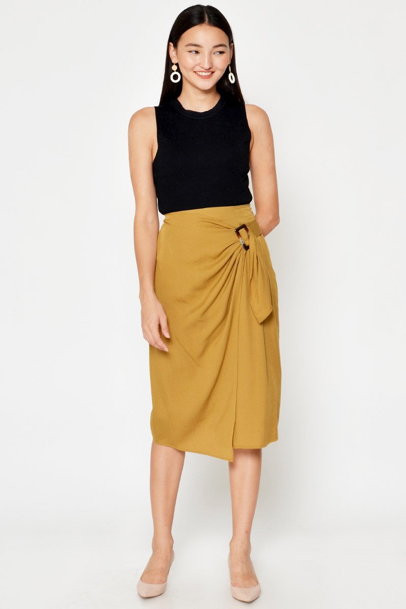 DREZEL TENCEL BUCKLE DRAPE MIDI SKIRT