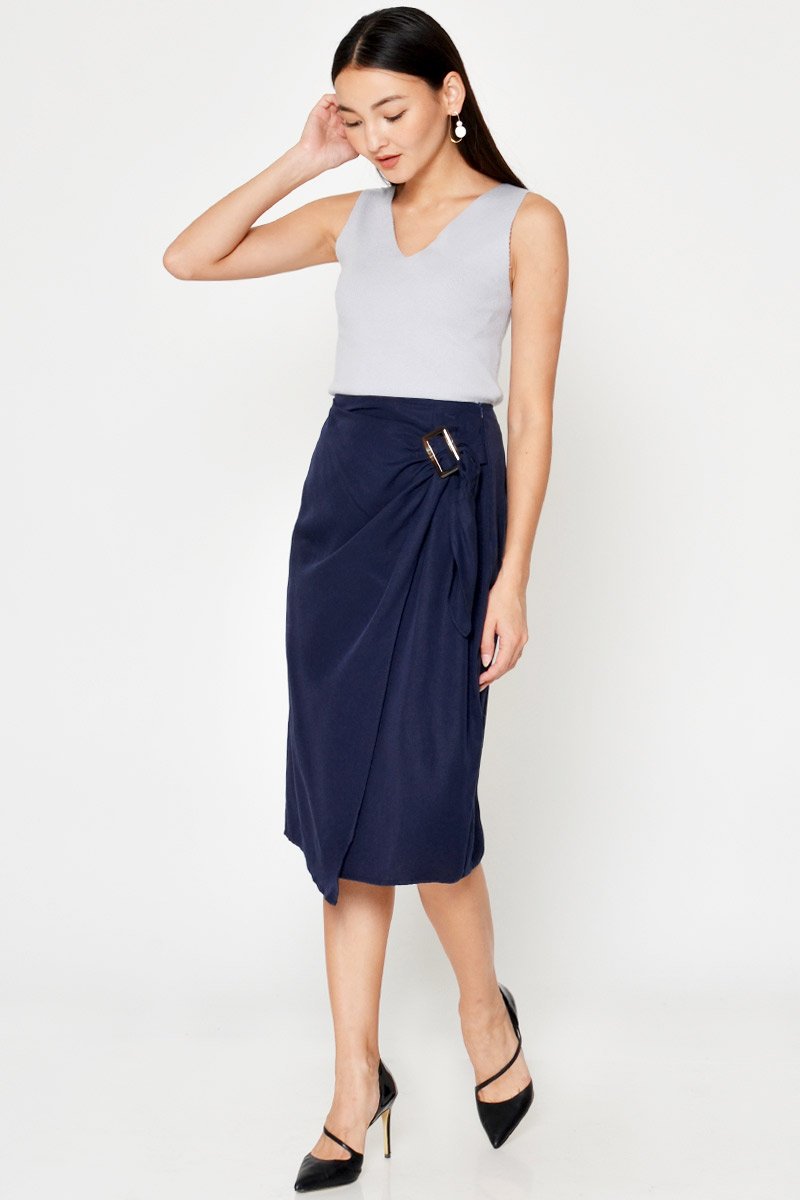 DREZEL TENCEL BUCKLE DRAPE MIDI SKIRT