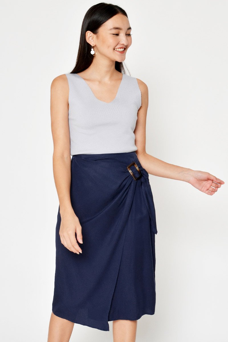 DREZEL TENCEL BUCKLE DRAPE MIDI SKIRT