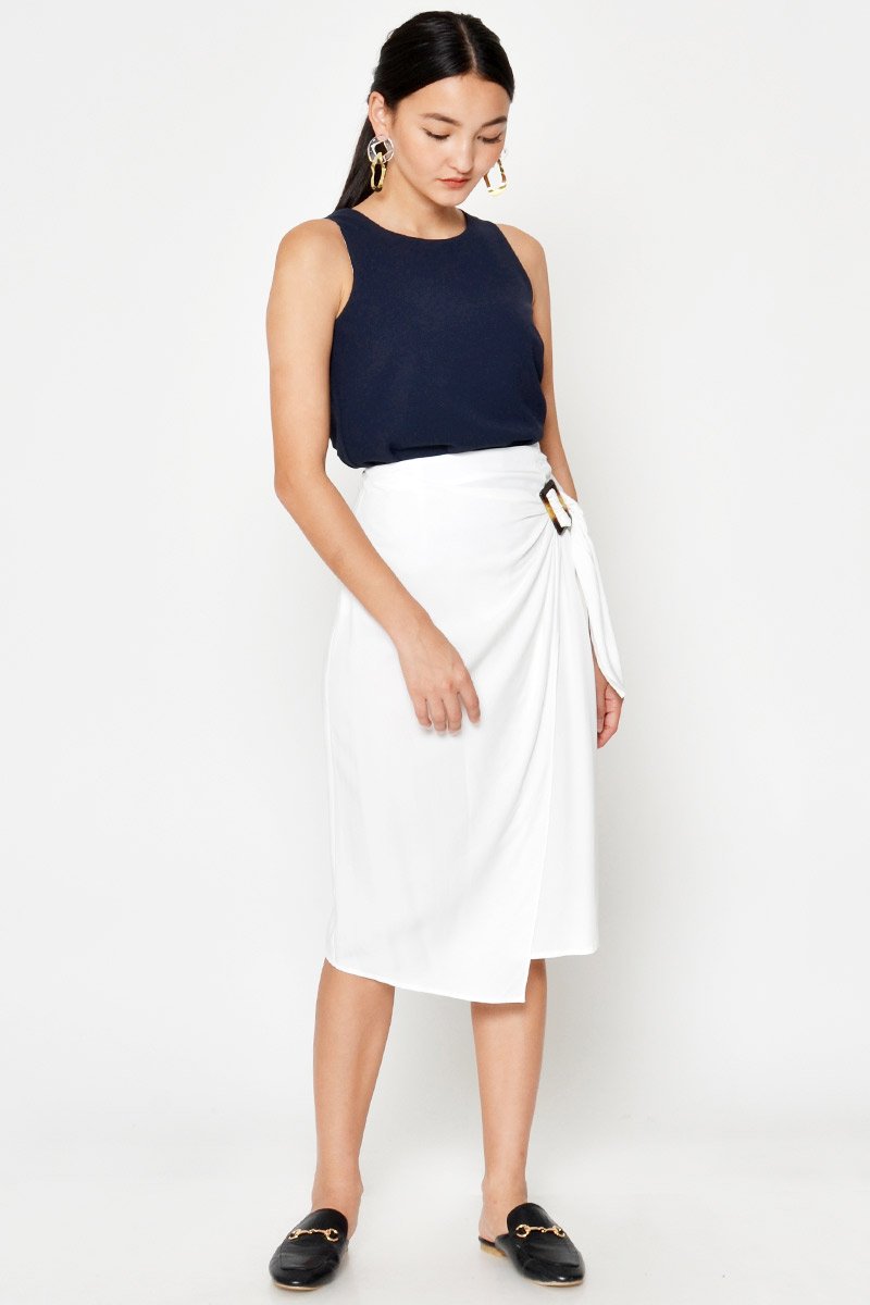DREZEL TENCEL BUCKLE DRAPE MIDI SKIRT