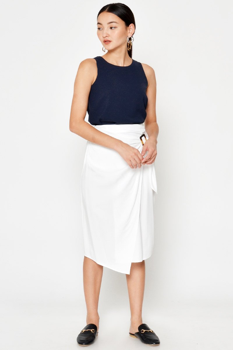 DREZEL TENCEL BUCKLE DRAPE MIDI SKIRT
