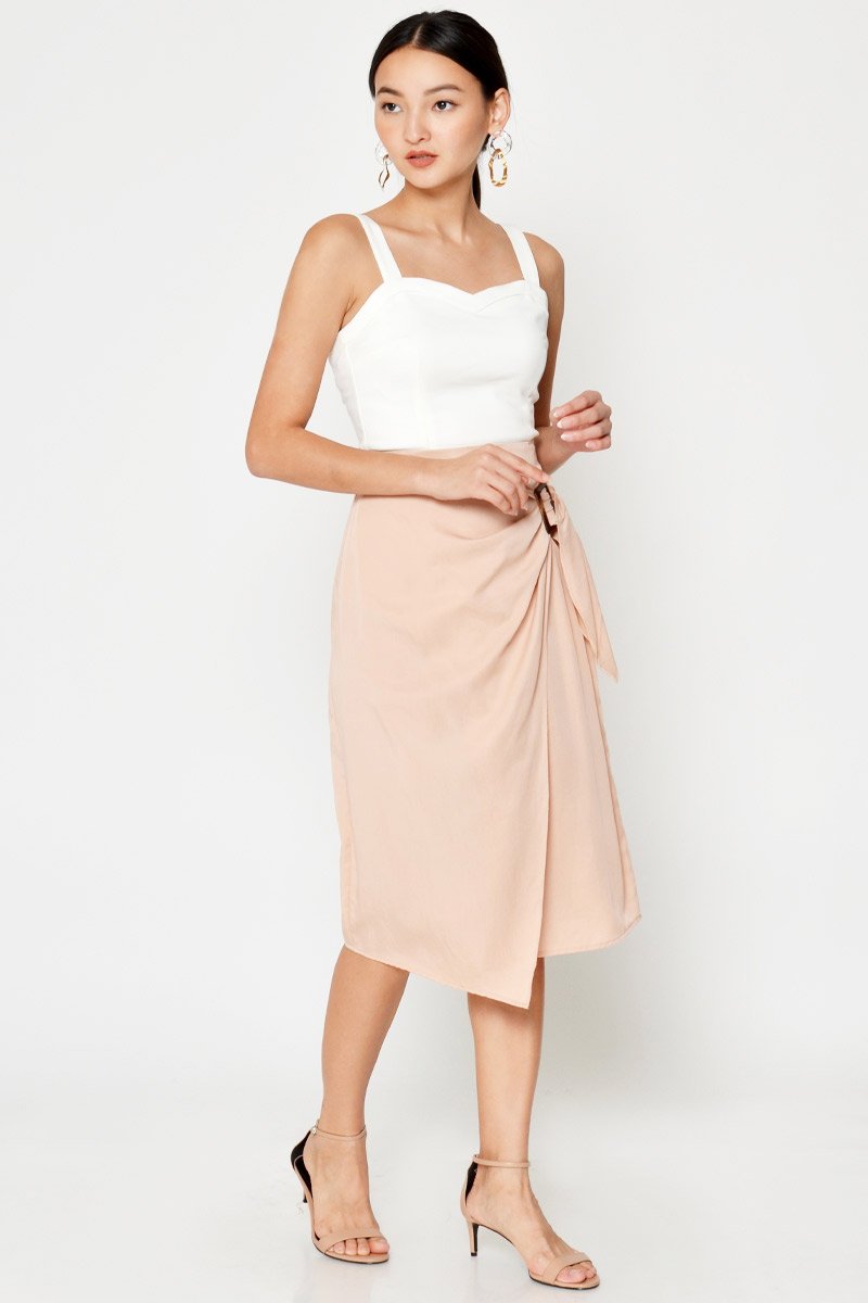 DREZEL TENCEL BUCKLE DRAPE MIDI SKIRT