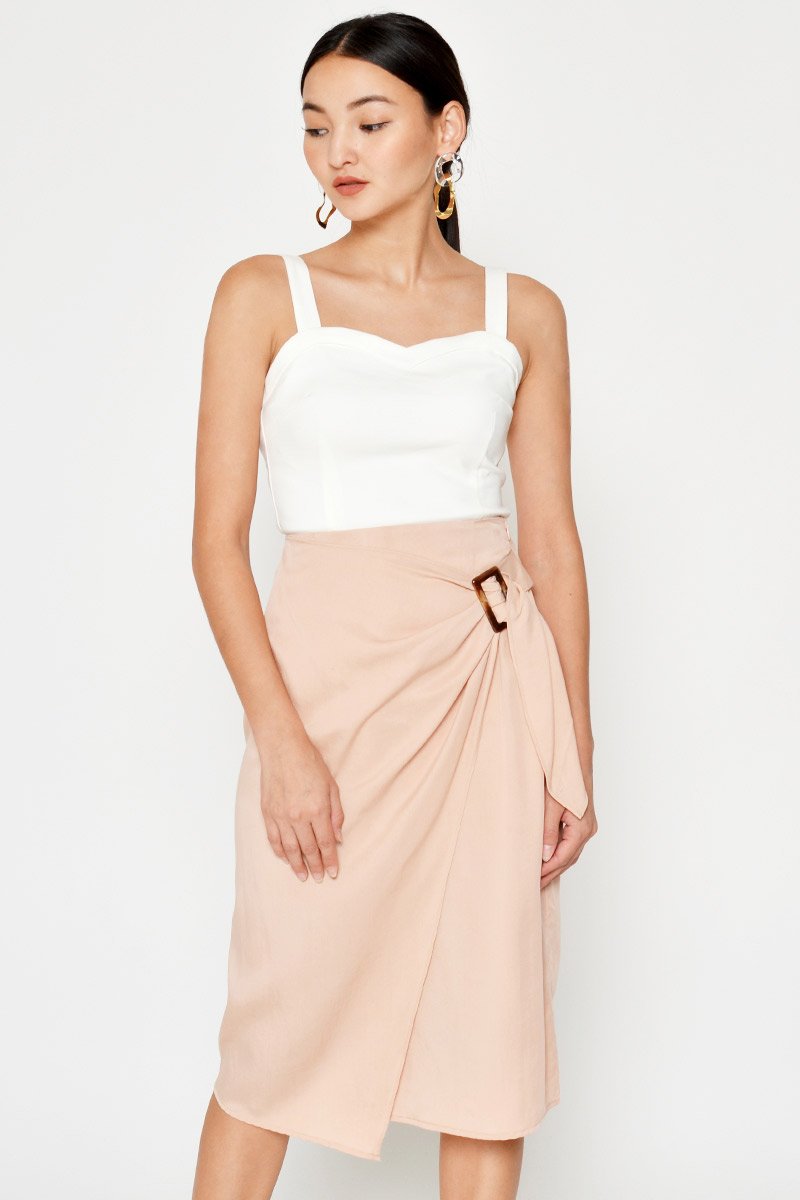 DREZEL TENCEL BUCKLE DRAPE MIDI SKIRT