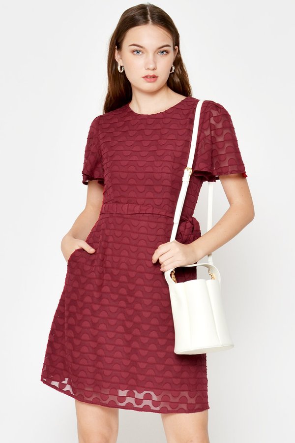 DARYL TEXTURED CHIFFON FLUTTER SLEEVE DRESS W SASH