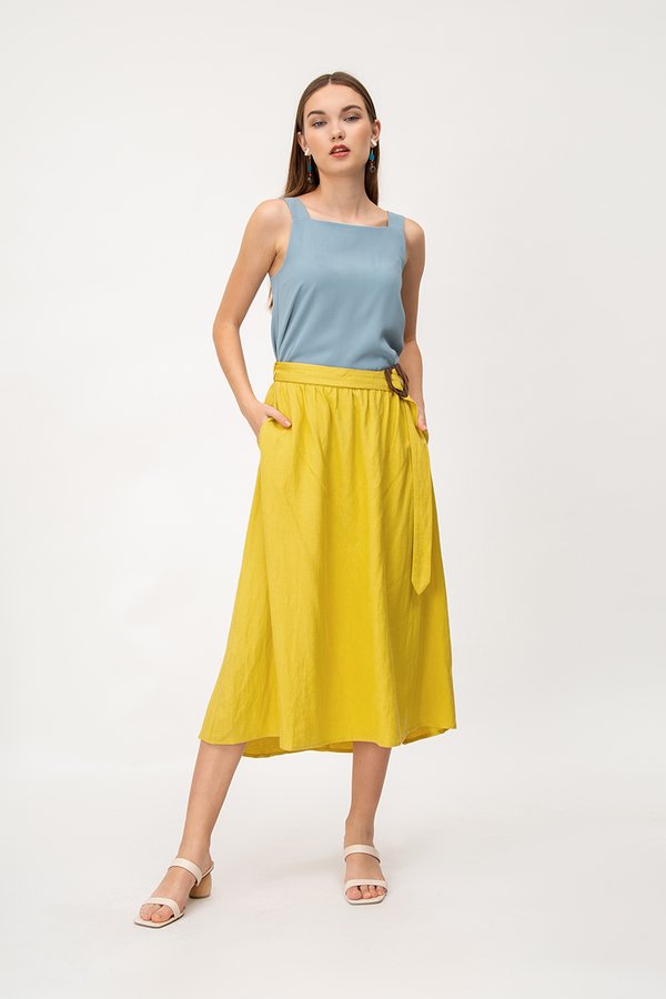 SHINA LINEN MIDI SKIRT W TORTOISESHELL BUCKLE SHINA LINEN MIDI SKIRT W TORTOISESHELL BUCKLE