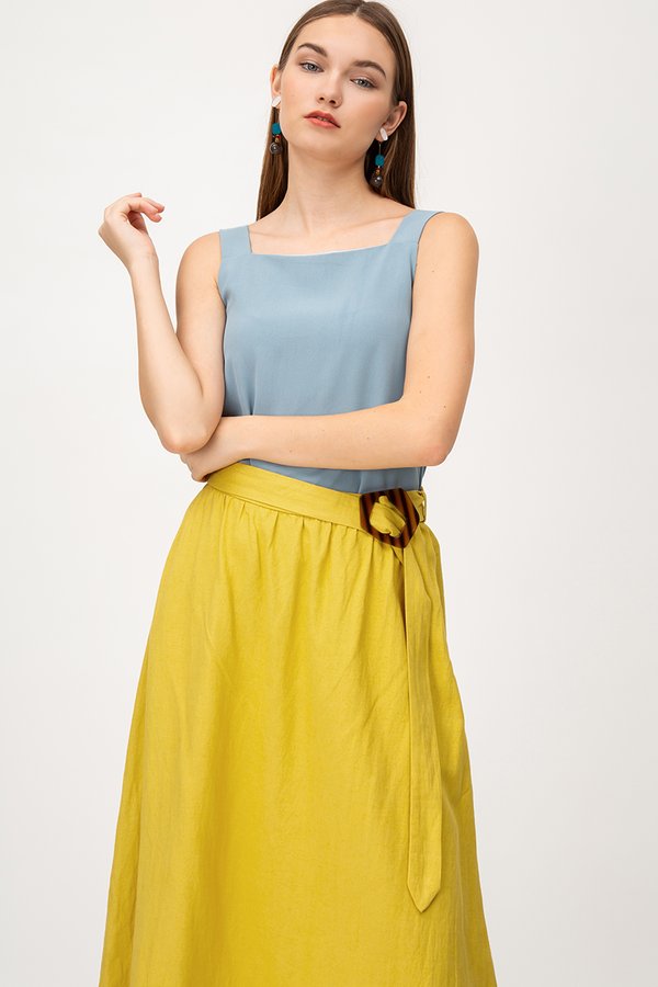 SHINA LINEN MIDI SKIRT W TORTOISESHELL BUCKLE SHINA LINEN MIDI SKIRT W TORTOISESHELL BUCKLE