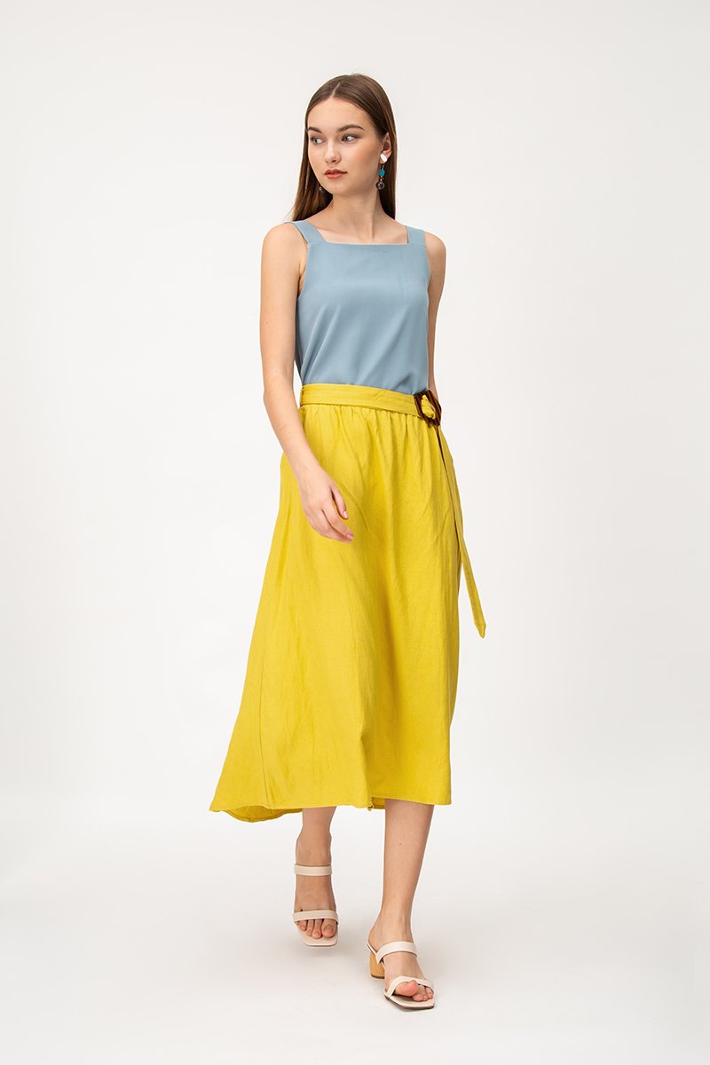 SHINA LINEN MIDI SKIRT W TORTOISESHELL BUCKLE