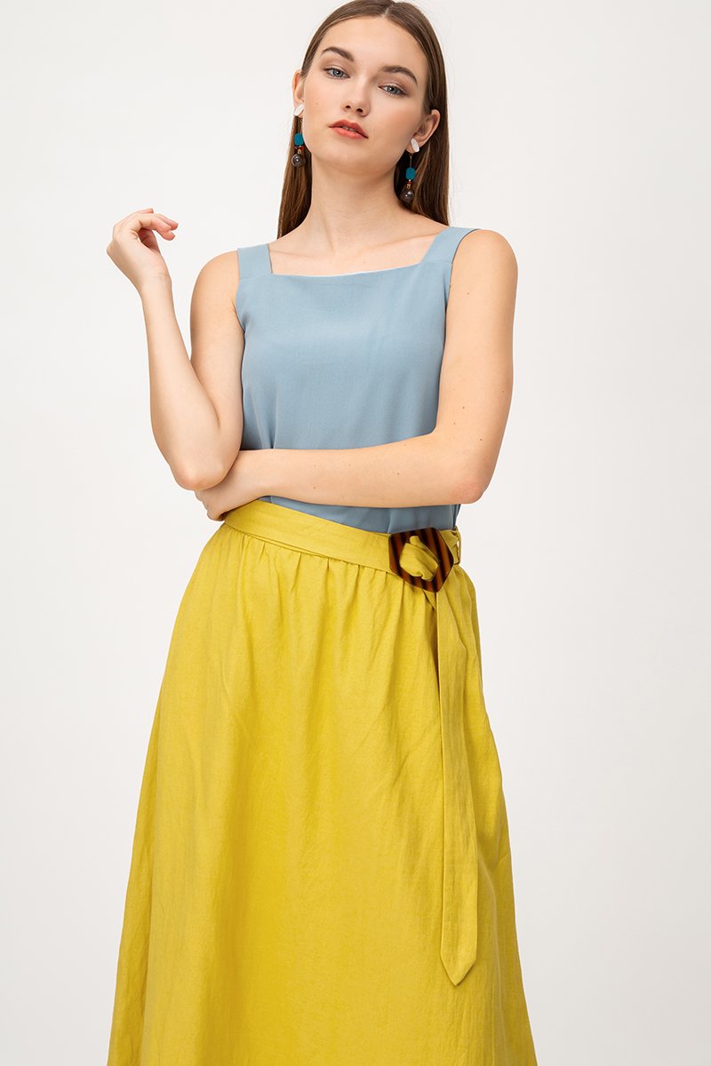 SHINA LINEN MIDI SKIRT W TORTOISESHELL BUCKLE