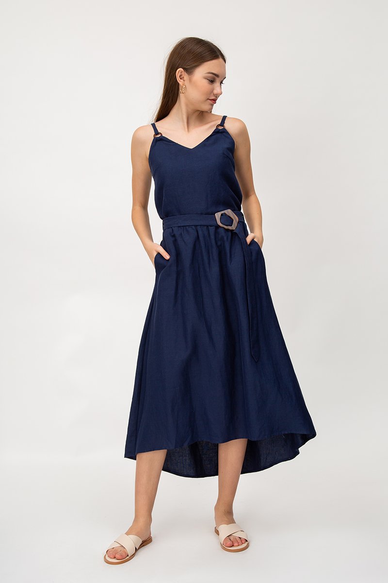 SHINA LINEN MIDI SKIRT W TORTOISESHELL BUCKLE