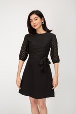 VINO TEXTURED MESH FLARE DRESS W SASH