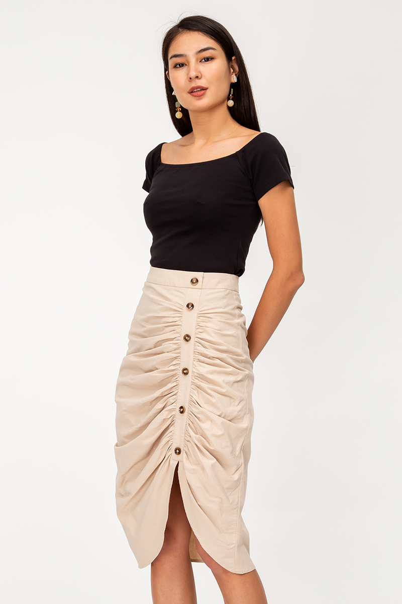 INDRE SIDE BUTTON RUCHED LINEN SKIRT