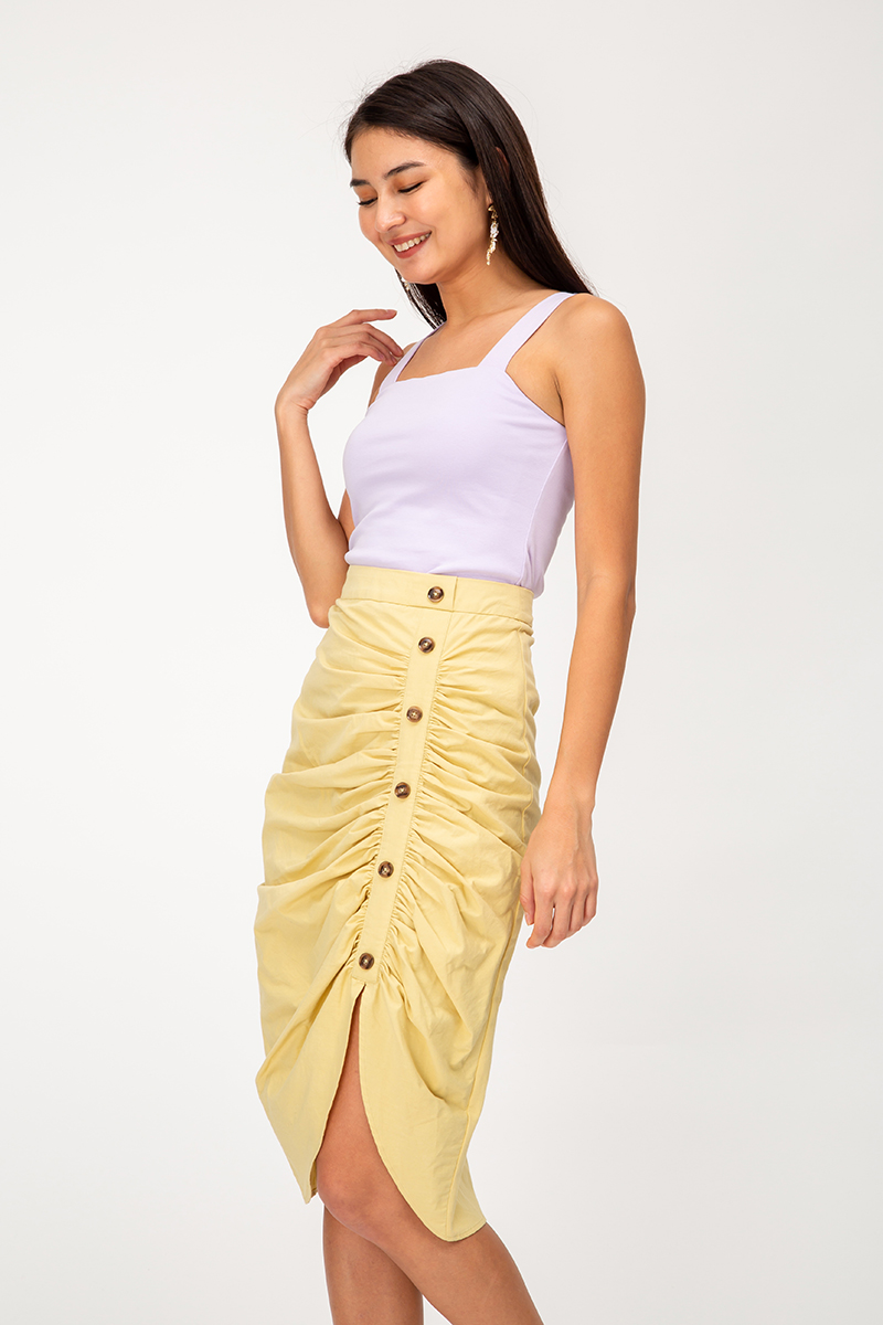 INDRE SIDE BUTTON RUCHED LINEN SKIRT