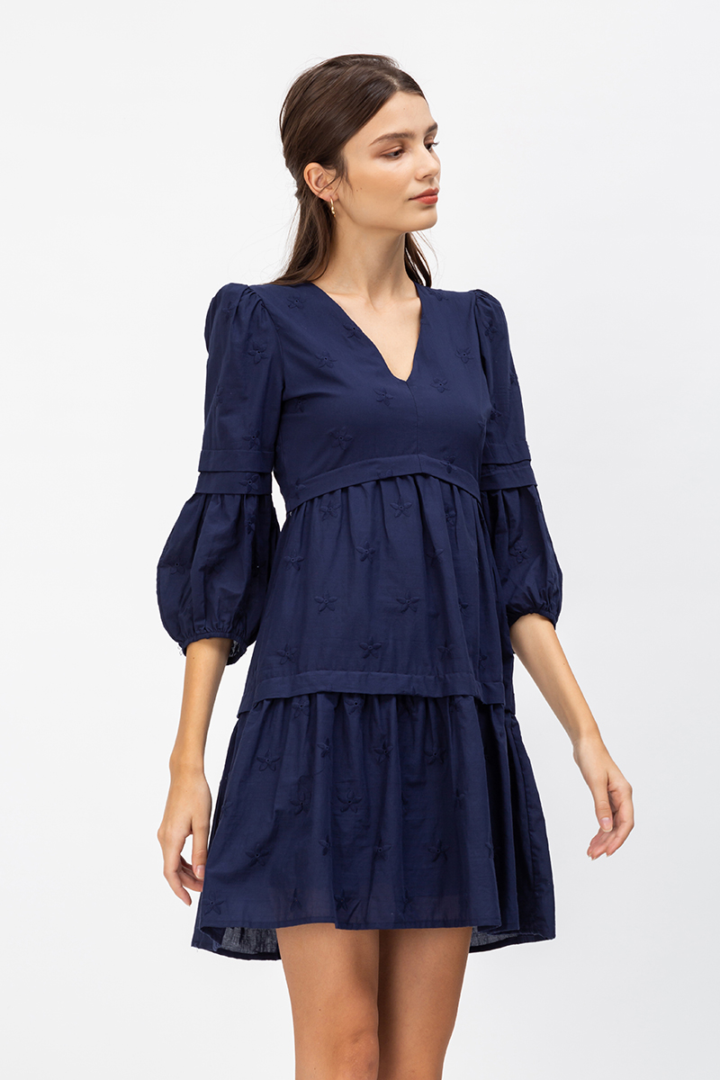 DEANNA EMBROIDERED PUFF SLEEVE TIERED DRESS | Love and Bravery