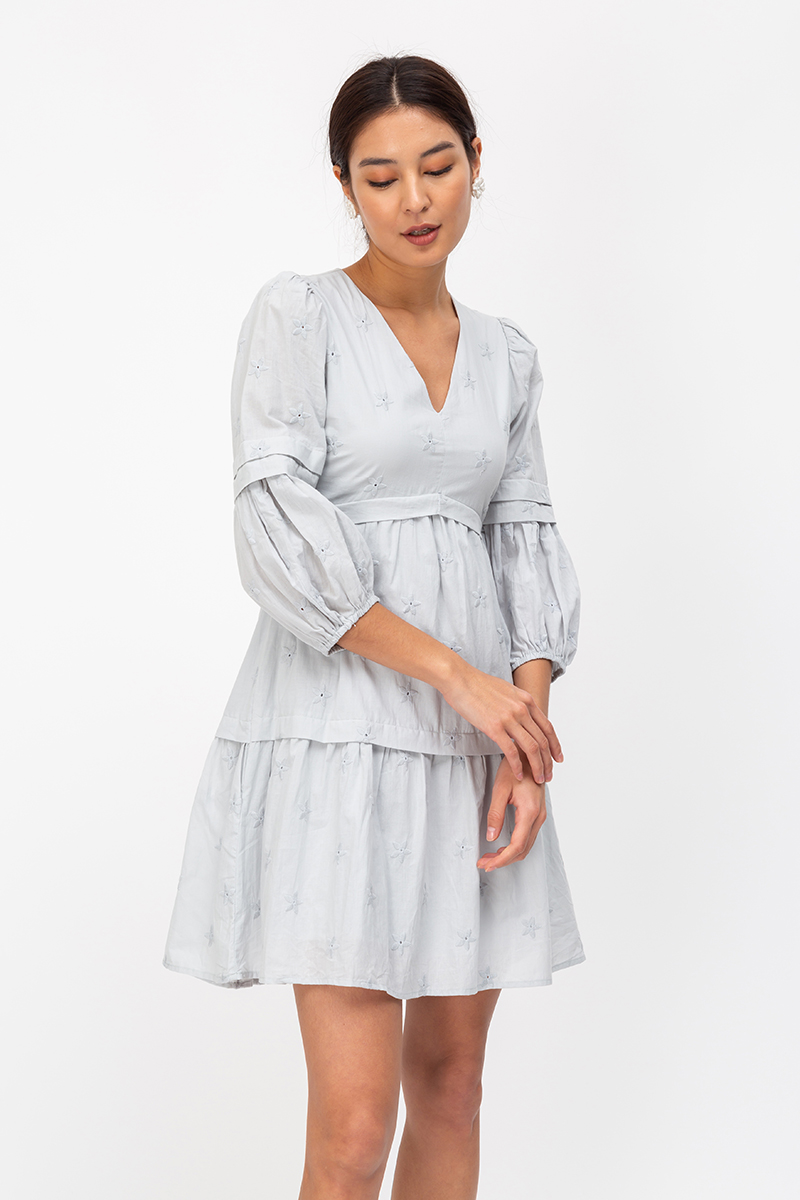 DEANNA EMBROIDERED PUFF SLEEVE TIERED DRESS