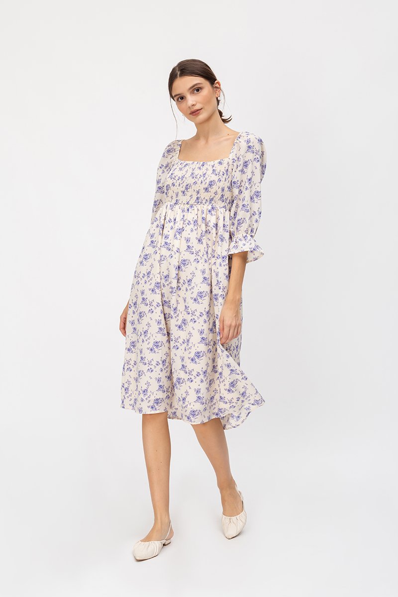 PORTIA SMOCKED FLORAL MIDI DRESS
