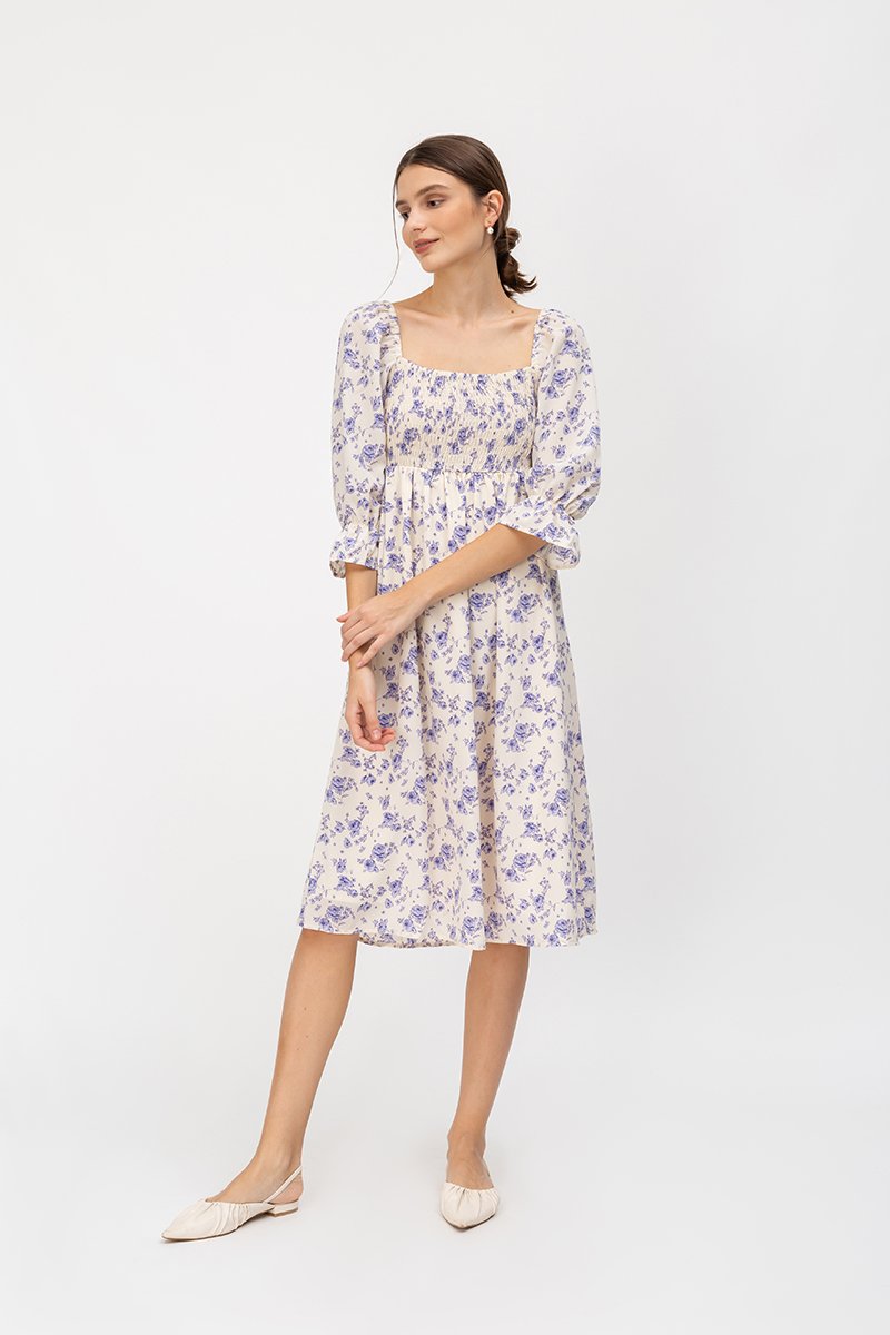PORTIA SMOCKED FLORAL MIDI DRESS
