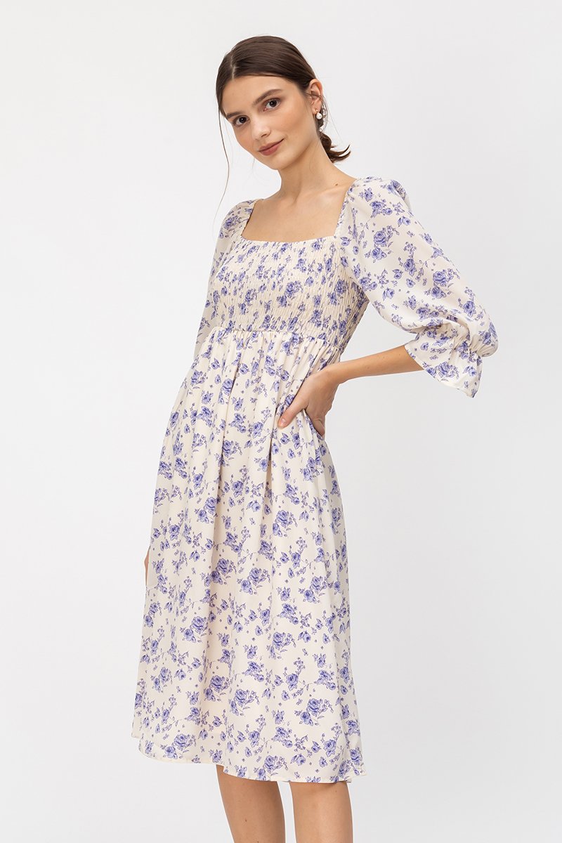 PORTIA SMOCKED FLORAL MIDI DRESS