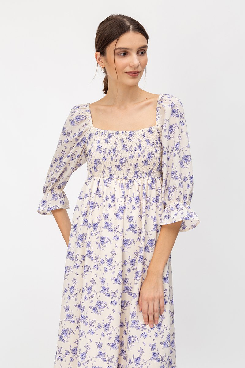 PORTIA SMOCKED FLORAL MIDI DRESS
