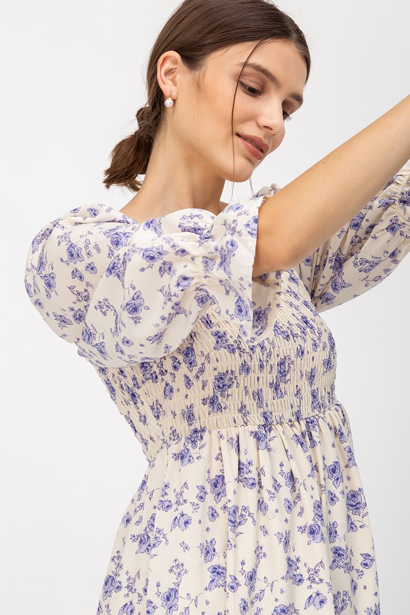 PORTIA SMOCKED FLORAL MIDI DRESS