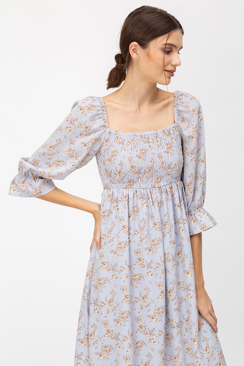 PORTIA SMOCKED FLORAL MIDI DRESS