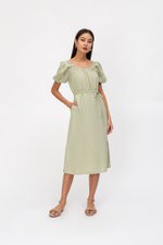 CAROL ELASTIC NECKLINE MIDI DRESS W SASH