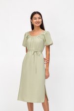 CAROL ELASTIC NECKLINE MIDI DRESS W SASH
