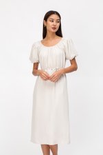 CAROL ELASTIC NECKLINE MIDI DRESS W SASH