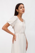 CAROL ELASTIC NECKLINE MIDI DRESS W SASH