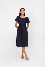 CAROL ELASTIC NECKLINE MIDI DRESS W SASH