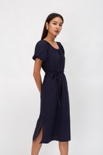 CAROL ELASTIC NECKLINE MIDI DRESS W SASH