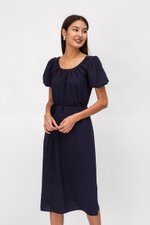 CAROL ELASTIC NECKLINE MIDI DRESS W SASH