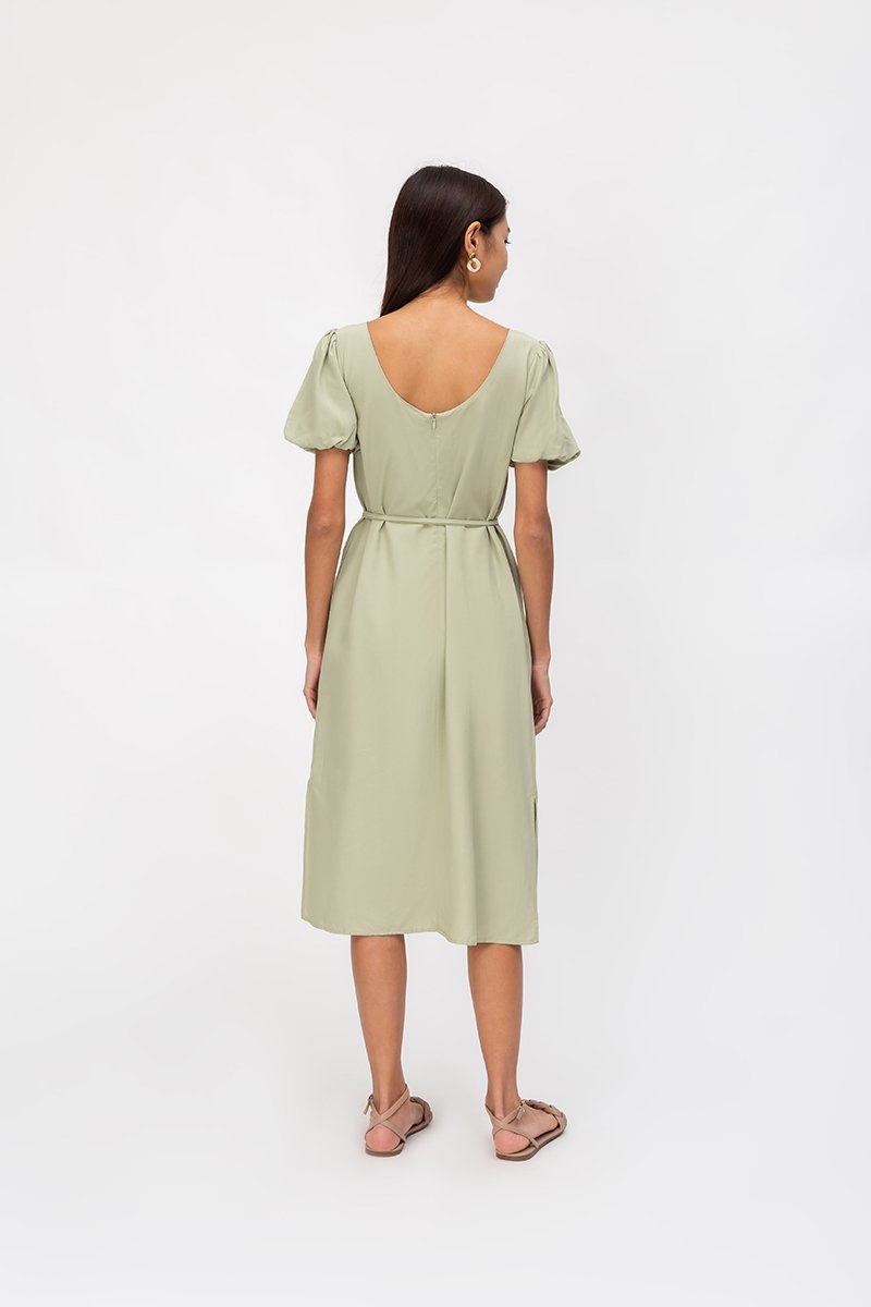 CAROL ELASTIC NECKLINE MIDI DRESS W SASH