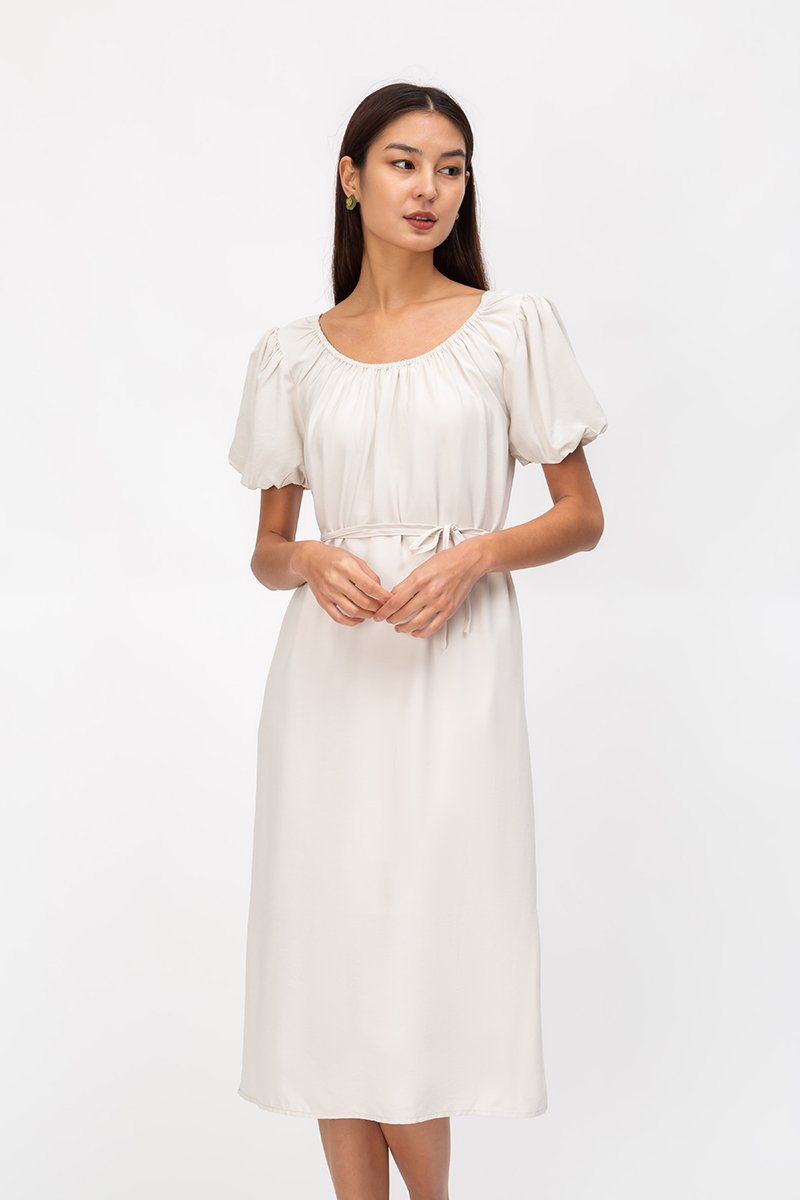 CAROL ELASTIC NECKLINE MIDI DRESS W SASH