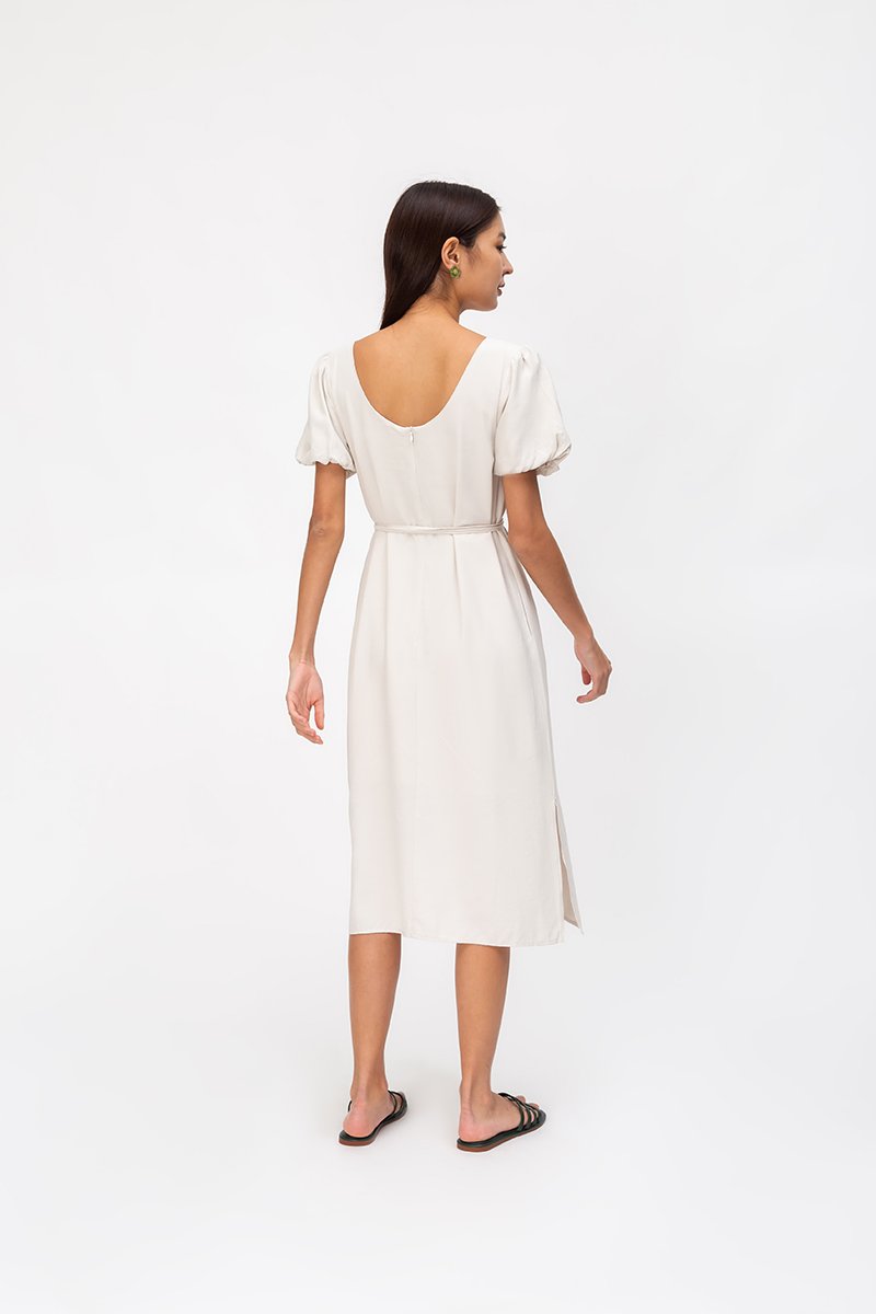 CAROL ELASTIC NECKLINE MIDI DRESS W SASH