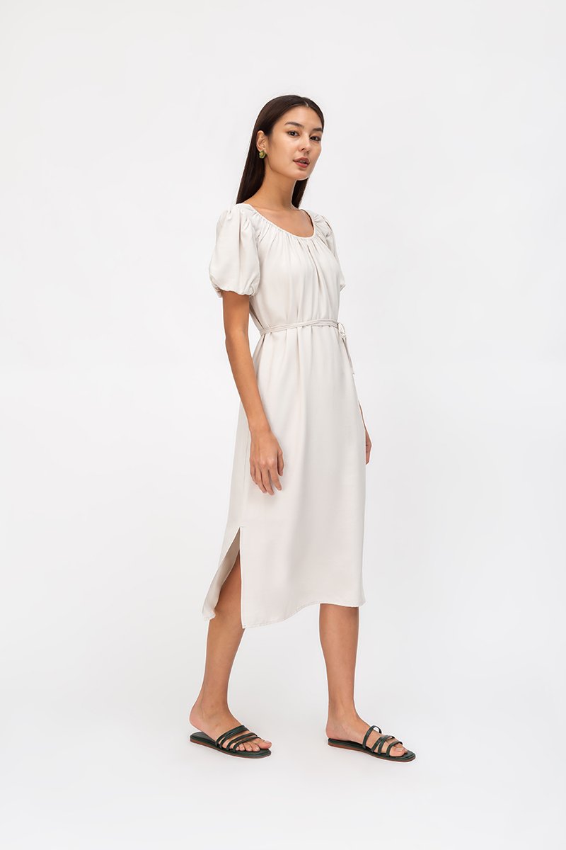 CAROL ELASTIC NECKLINE MIDI DRESS W SASH