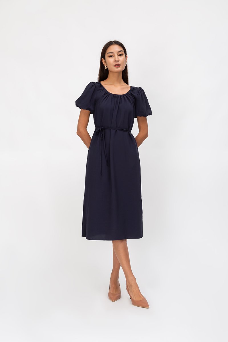 CAROL ELASTIC NECKLINE MIDI DRESS W SASH