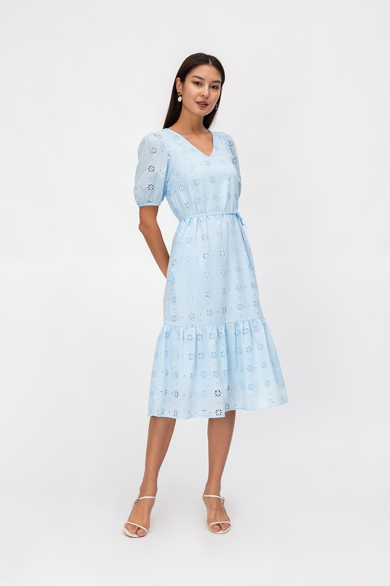 SERA EYELET DROPWAIST MIDI DRESS W SASH