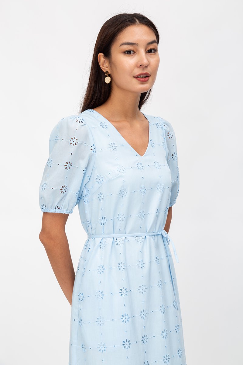 SERA EYELET DROPWAIST MIDI DRESS W SASH